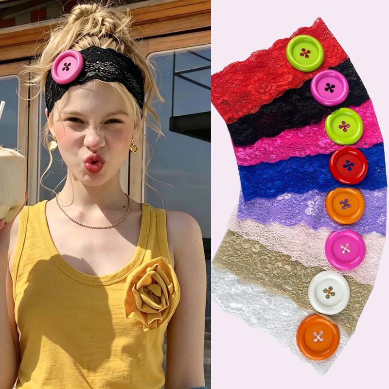 빈티지 레이스 빅 버튼 헤어밴드 여성용 탄성 와이드 헤 - Travel Yoga Accessories 리뷰 및 가격